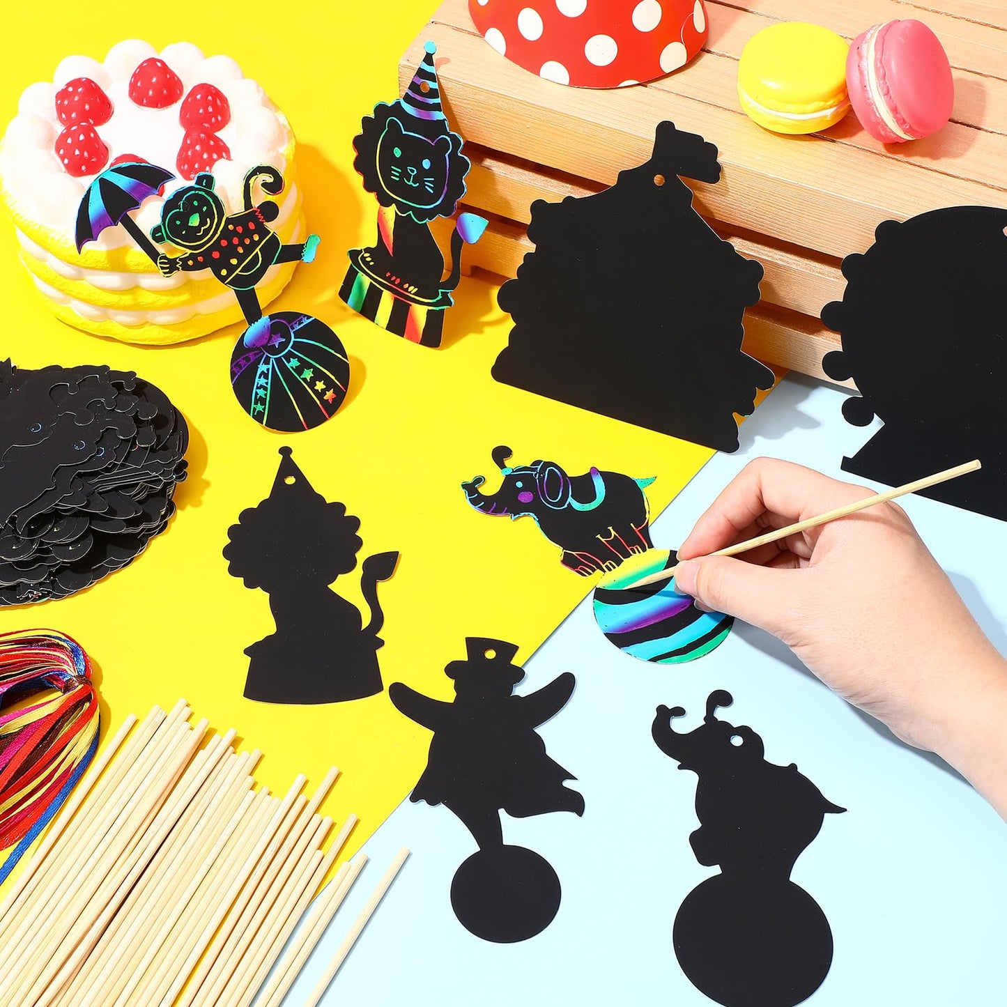 RoundFunny 80 Pcs Carnival Cutouts Scratch Cards Circus Theme Party Crafts Kids Colorful Circus Animals Scratch Paper for DIY wi