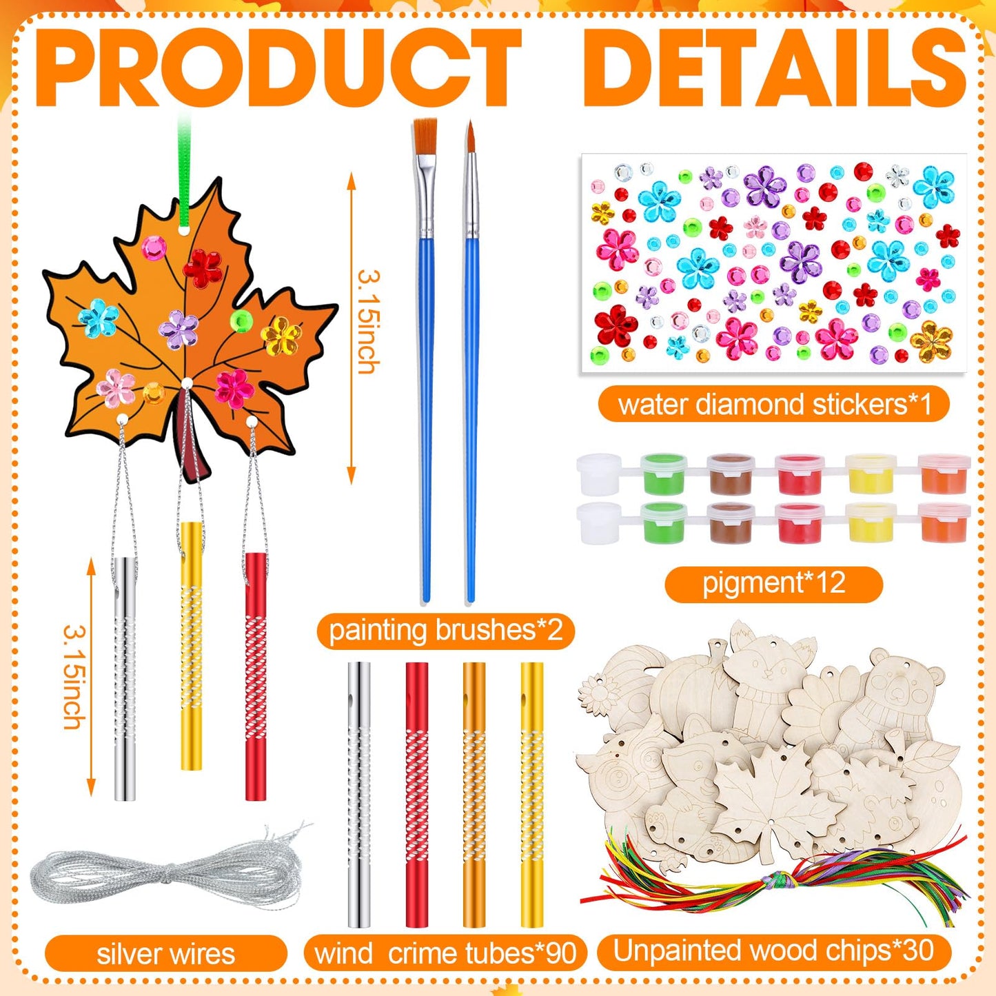 JellyArch 30 Pack Thanksgiving Wind Chime Making Kit for Adults Fall Pumpkin Leaf Animal DIY Wooden Crafts for Halloween Activit