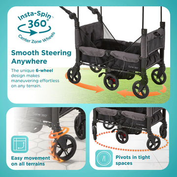 Contours Curve 360 Lightweight Double Baby Stroller Wagon for 2 Kids, Fits Infant Car Seats, Ultra Maneuverable, Easy in and Out