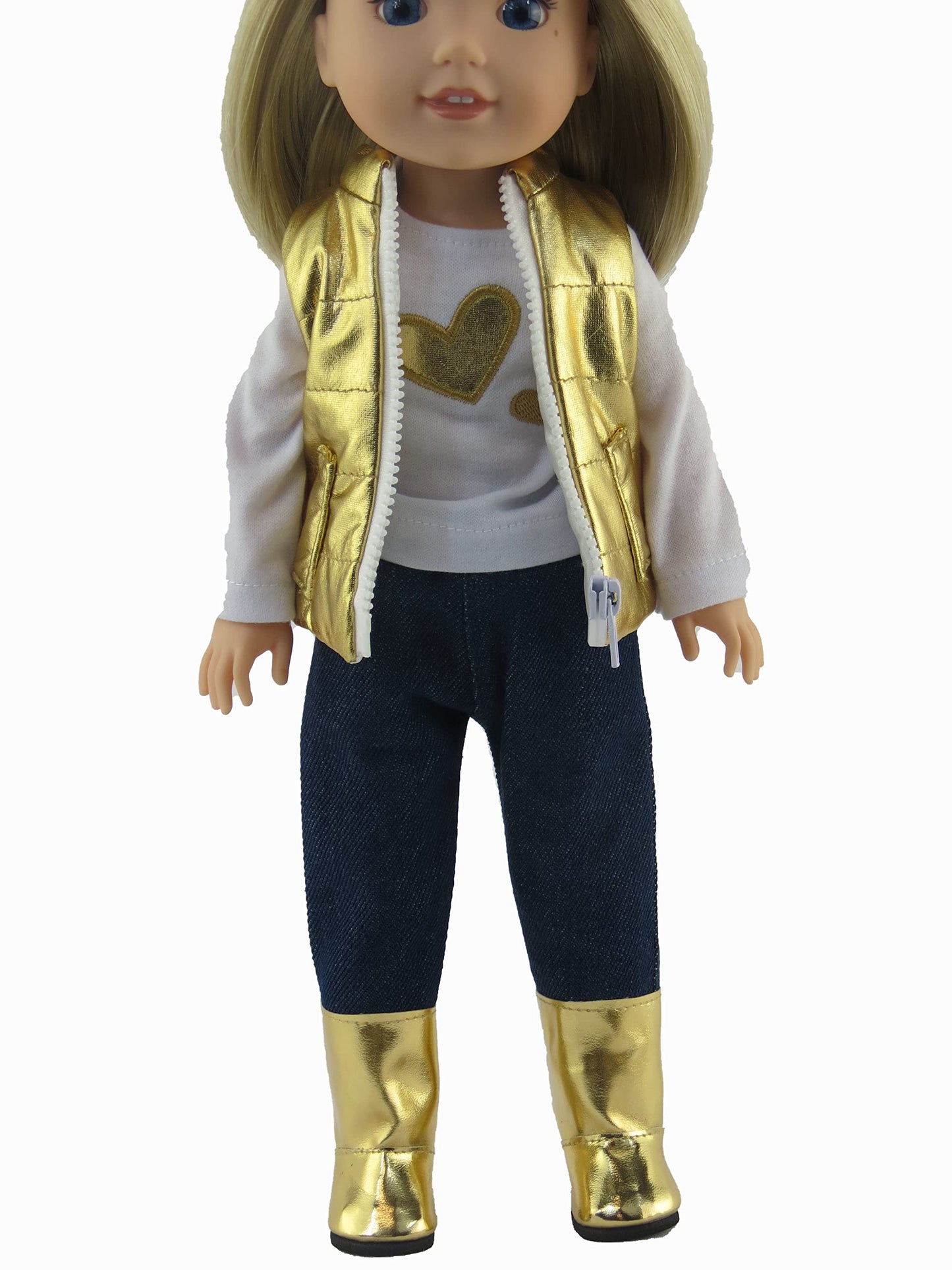American Fashion World Gold Heart Vest Outfit for 14-Inch Dolls | 4 Piece Set | enhanced Quality & Trendy Design | Dolls Clothes | Outfit Fashions for Dolls for Popular Brands