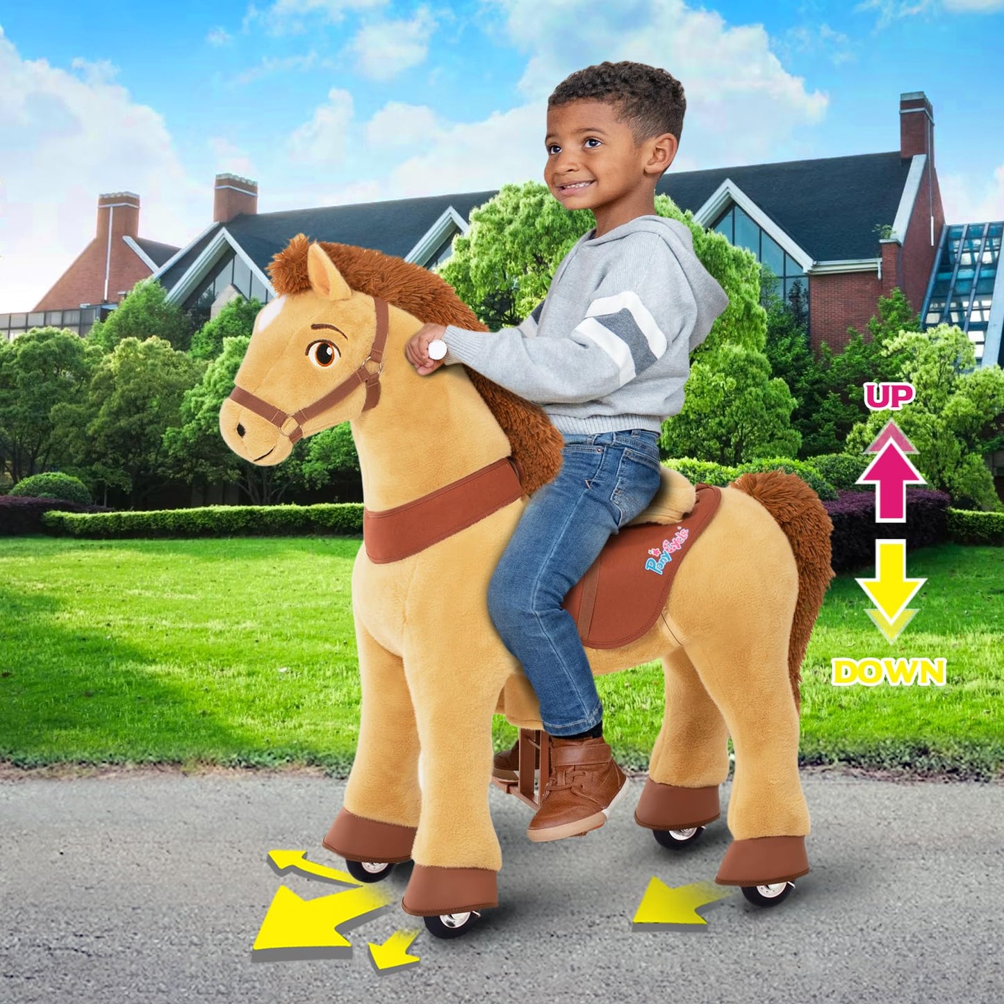 Ponycycle Horse Ride On Toys Riding Horses Rocking Horse Walking Pony Toys Essential Model E (With Brake/ 35.4' Height/Size 4 For Age 4-8) Boys And Girls Gifts Power Pony With Wheels Light Brown E436
