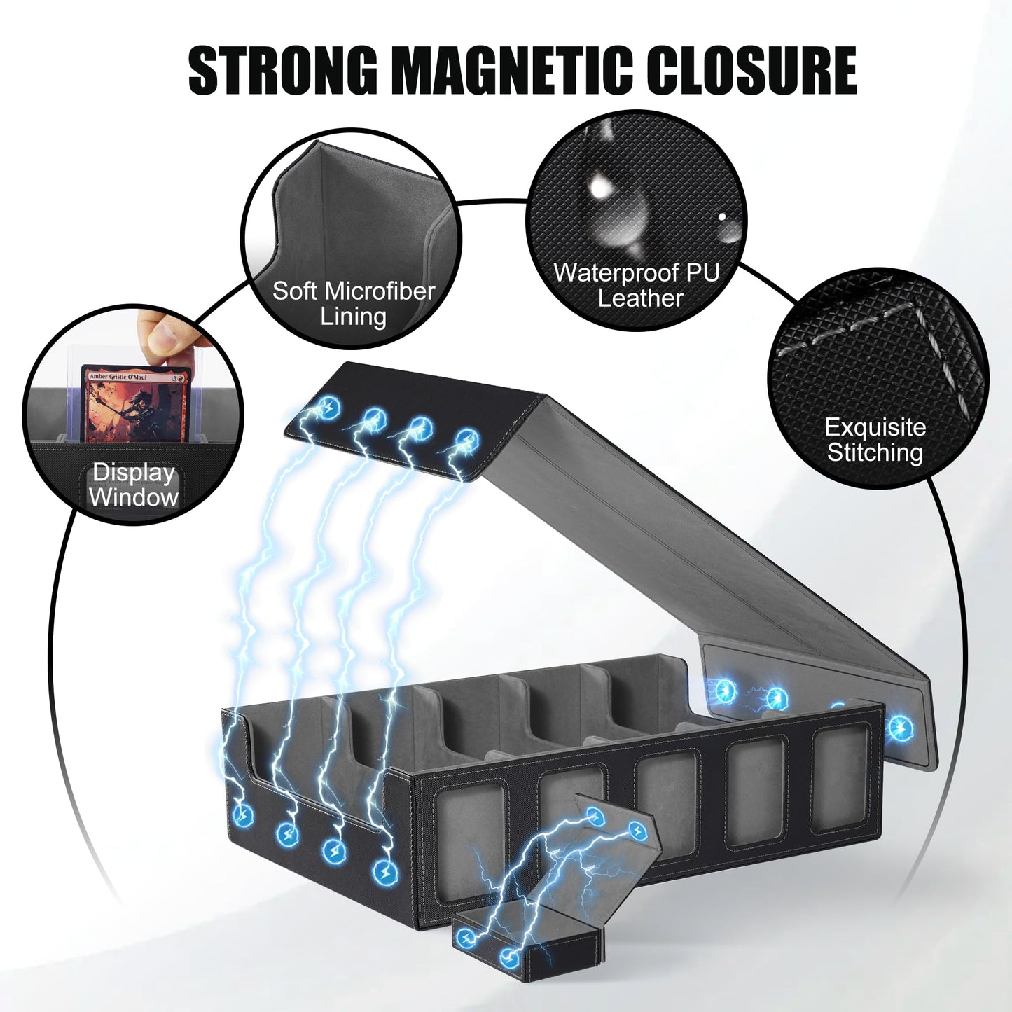 Kabinka Trading Card Storage Box with Commander Display  5-Row Deck Case with Removable Lid; 3900+ Card Deck Box for MTG TCG Sports Card  5 Toploaders  5 Stoppers  48 Dividers 1 Dice Tray (Black)