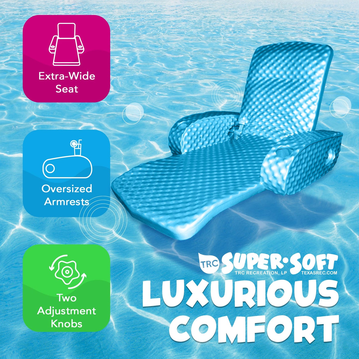Trc Recreation Super Soft Adjustable Pool Recliner Float Portable Comfortable Chair Lounger With Cup Holders For Swimming Pool Essentials, Marina Blue