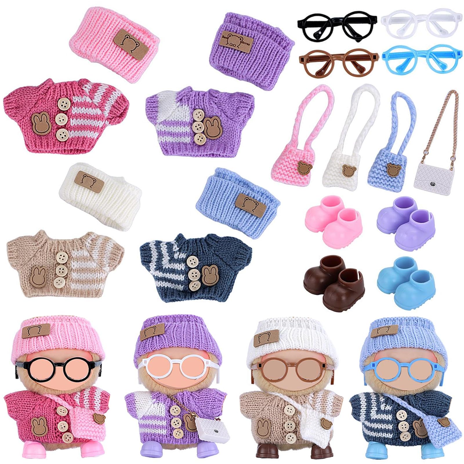 Ezcora Knitting Outfit Set for 17cm Dolls  4 Cozy Sweaters with Hats  Shoes  Glasses Bags  6.7-Inch Doll Accessories  Gift Idea (No Dolls)