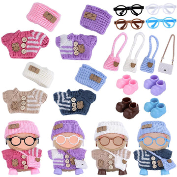 Ezcora Knitting Outfit Set for 17cm Dolls  4 Cozy Sweaters with Hats  Shoes  Glasses Bags  6.7-Inch Doll Accessories  Gift Idea (No Dolls)