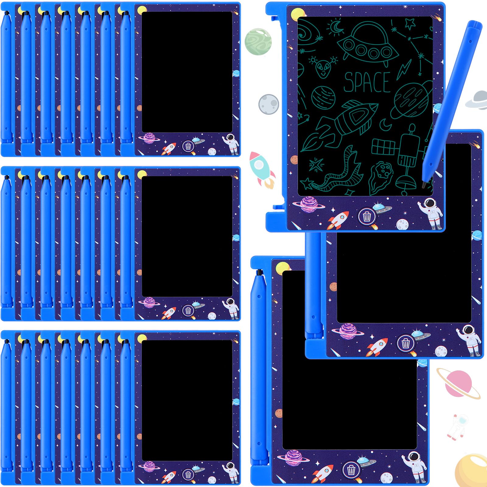 Nezyo 24 Pack Space Party Favors, 4.6 Mini LCD Writing Tablet for Kids, Space Checked Board Drawing Tablet Erasable Reusable E