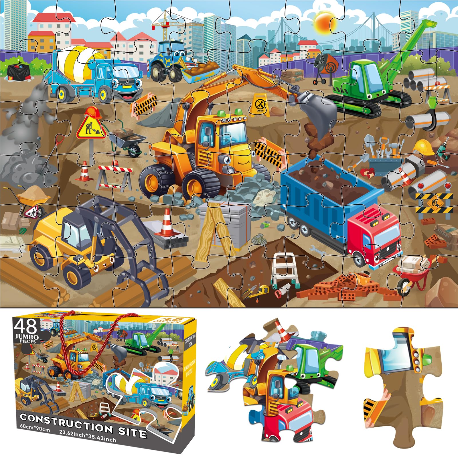 Jadeso 48 Pieces Jumbo Floor Puzzles For Kids Ages 3-5, Puzzle For Kid Ages 4-6, Construction Site Jigsaw Large Puzzles, Childre