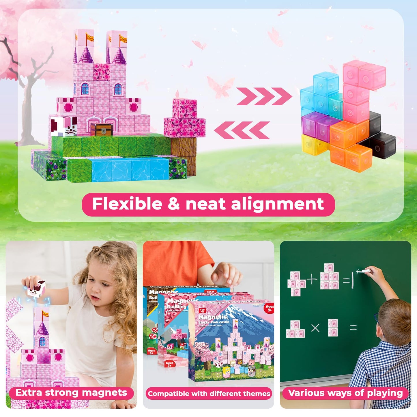 Magnetic Blocks - 100PCS Magnetic Building Block for Kids, Pink Princess Castle Magnet Cubes Sets, Princess Toys for Girls Ages
