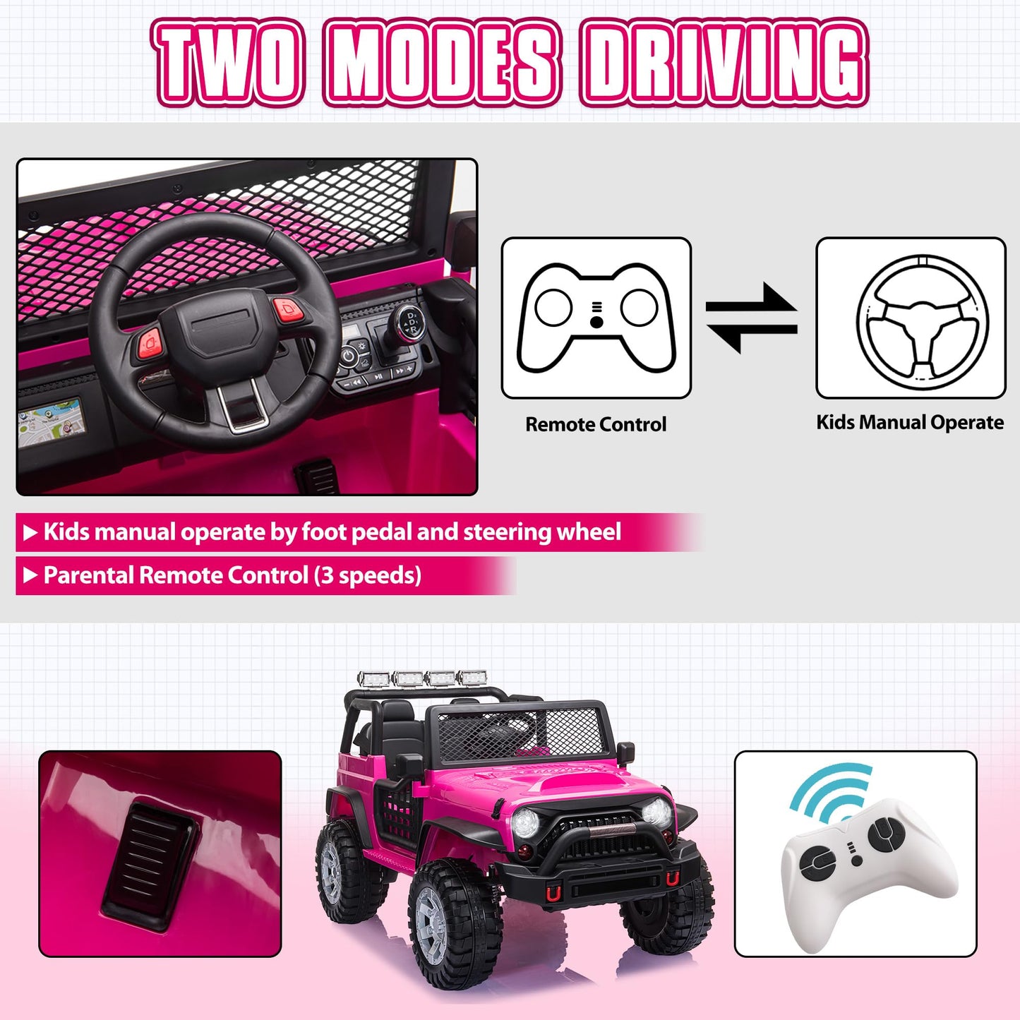 Tobbi 12V Kids Ride On Car, Electric Vehicles Jeep Car With Remote Control, Music, Mp3 Player, Lighting, Rose Red