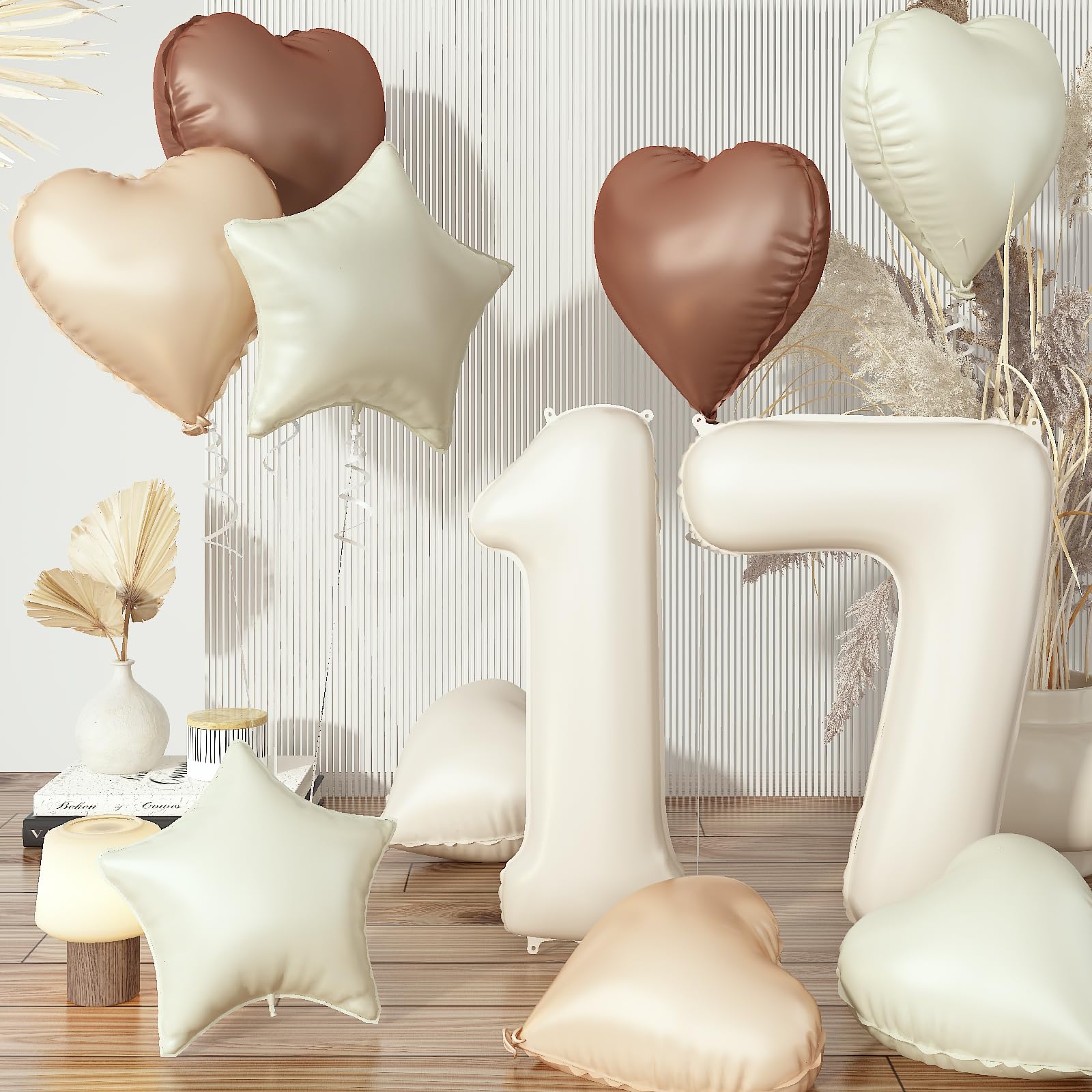 17Th Birthday Balloons Decor, Helium Beige Cream Neutral 17 Balloon, Brown Tan White Sand Taupe Heart Balloon With Foil Nude Sta