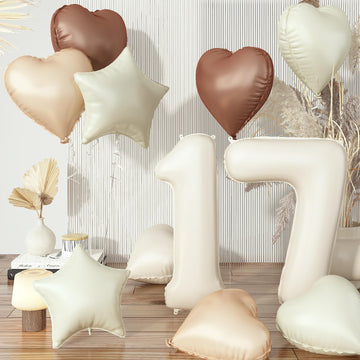 17Th Birthday Balloons Decor, Helium Beige Cream Neutral 17 Balloon, Brown Tan White Sand Taupe Heart Balloon With Foil Nude Sta