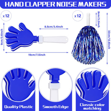 Sosation 36 Pcs Team Spirit Accessories, Cheerleading Pom Poms Hand Clappers Party Favors And Thunder Sticks Noise Makers For Sporting Events Football Baseball Cheering Essentials(Blue Silver)