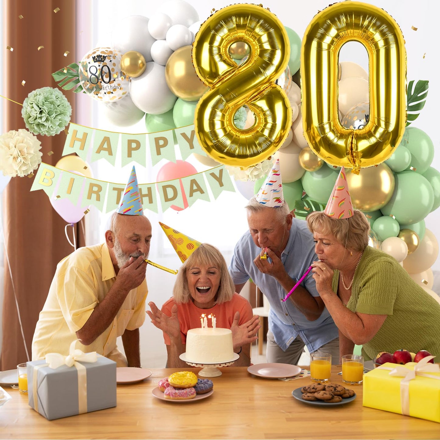80Th Birthday Decorations Sage Green,80Th Birthday Balloon Garland Party Decorations With Number 80 Foil Balloons,Happy Birthday