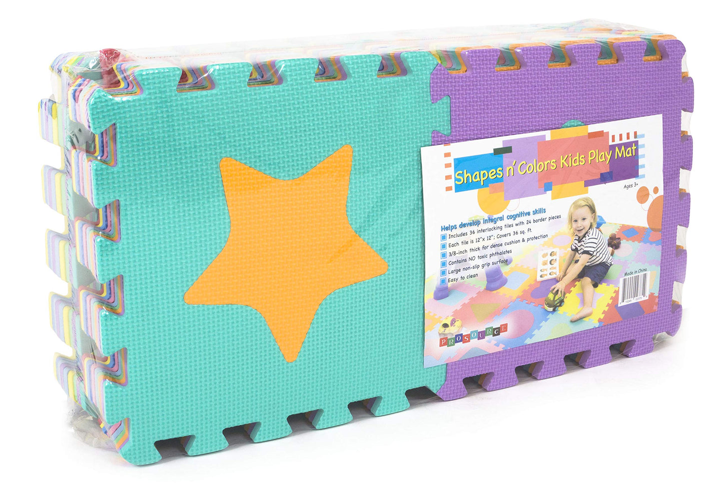 Prosource Kids Foam Puzzle Floor Play Mat With Shapes & Colors 36 Tiles, 12'X12' And 24 Borders