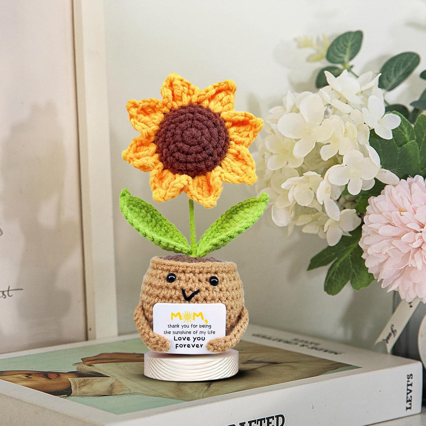 Gossby Gift for Mom - Positive Sunflower Doll Crochet with Card - Love You Forever - Mom Gift from Daughter  Son  Kid - Mothers Day  Christmas  Birthday Present Idea - Knitted Decor