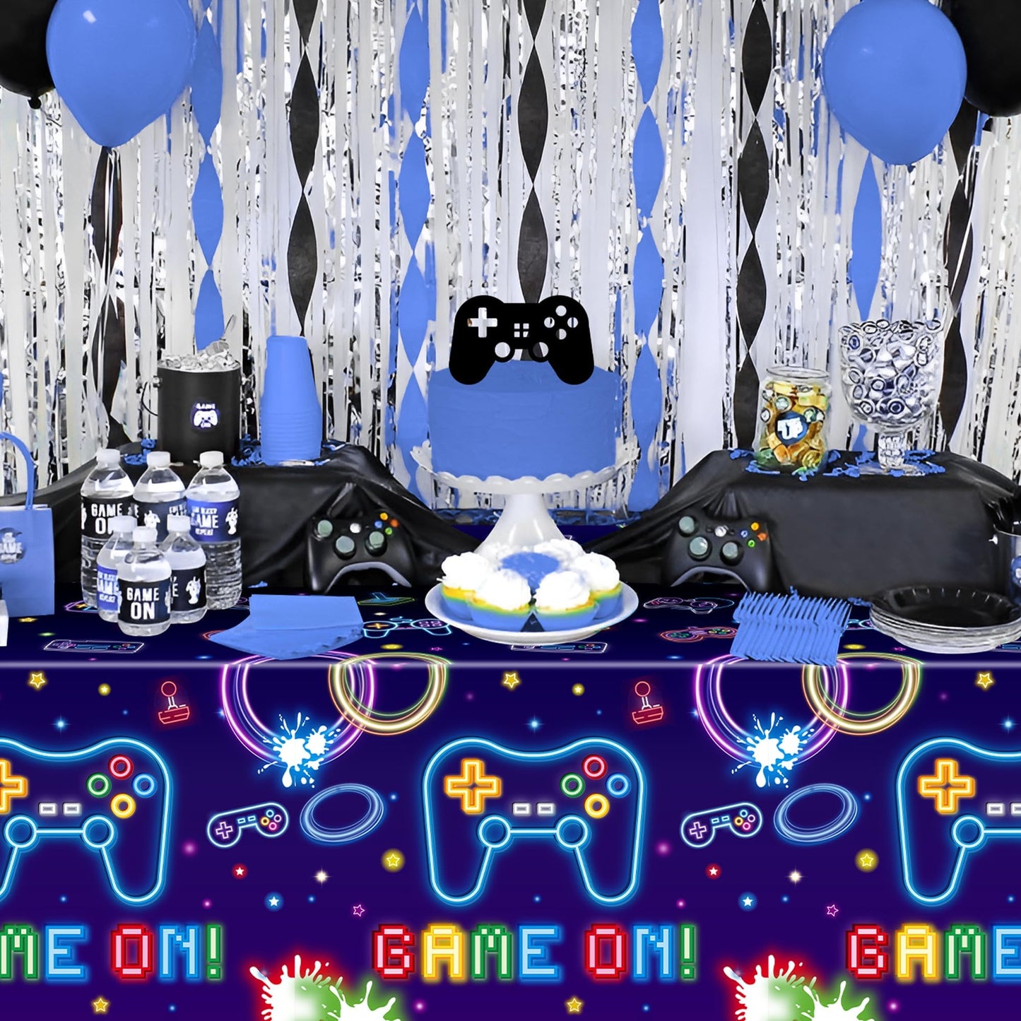 Video Game Party Tablecloths - 3Pcs Neon Video Game Birthday Party Table Covers Decorations, Game on Themed Rectangular Plastic