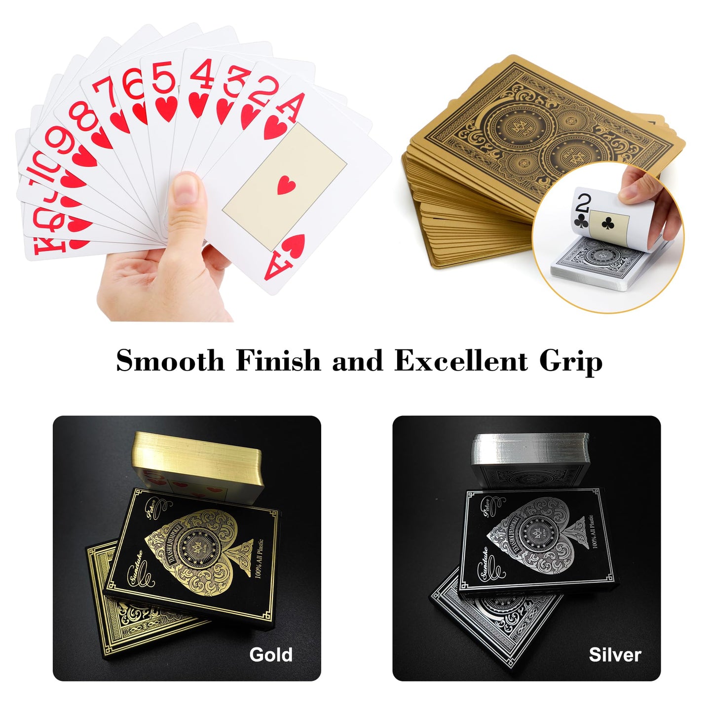 Plastic Playing Cards Waterproof Cards Deck of Cards Jumbo Index Large Print Playing Cards for mature-themeds enhanced Professional game-style Card Set for Texas Hold'em Card Games Metallic Gold & Silver(6 Pack)