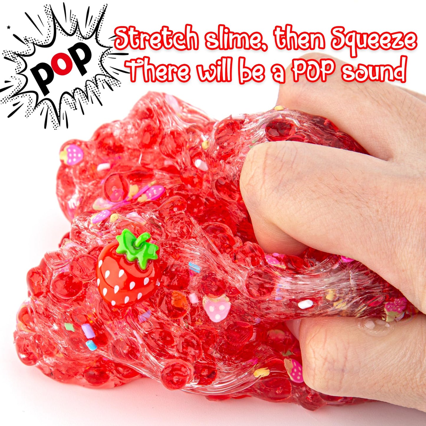 Strawberry Fishbowl Bead Slime, Good Stretchy And Non-Sticky Crunchy Slime, Slime Party Favors For Girls And Boys Ages 8-12, Sli
