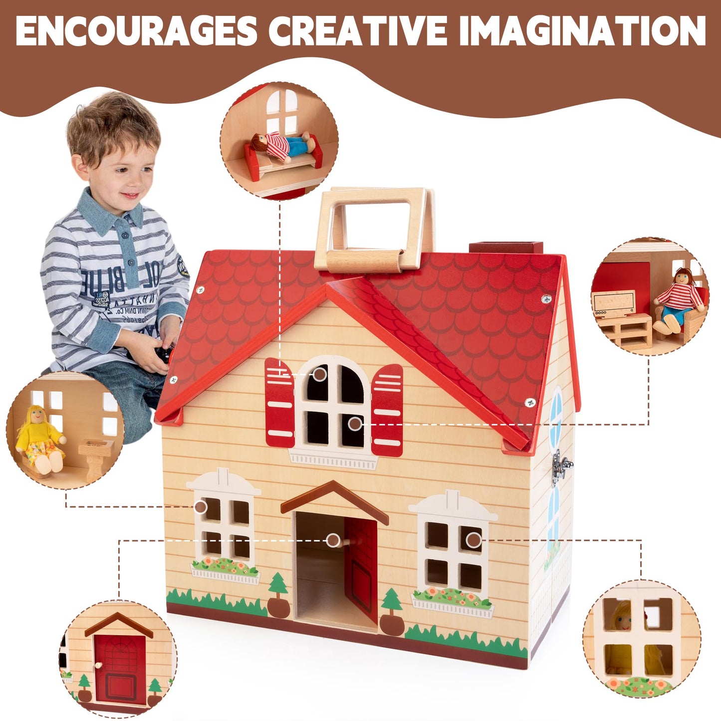 WOODMAM Foldable Wooden Dollhouse Set with 13 Furniture Pieces, 4 Rooms, Red, 1:12 Scale, Portable Handle, Ideal Christmas Gift for Kids