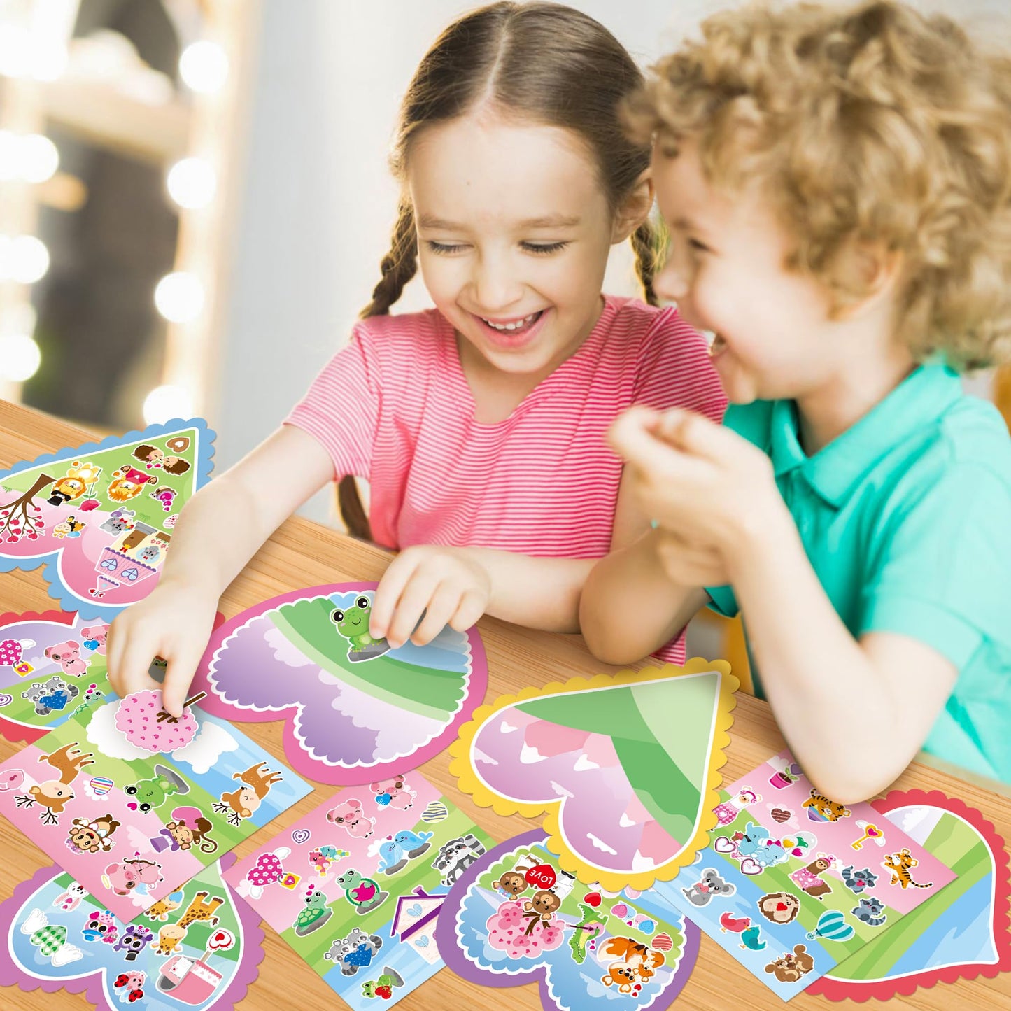 CY2SIDE Valentines Heart Stickers Scene - 12 Sets of Valentines Day Fun Animal Pig Frog Sticker Art Craft for Kids School Activi