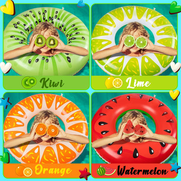 90Shine 7Pcs Fruit Pool Floats: Watermelon Kiwi Orange Lemon Swimming Rings With 13.5' Beach Balls - Inflatable Tubes Floaties Toys For Kids Adults
