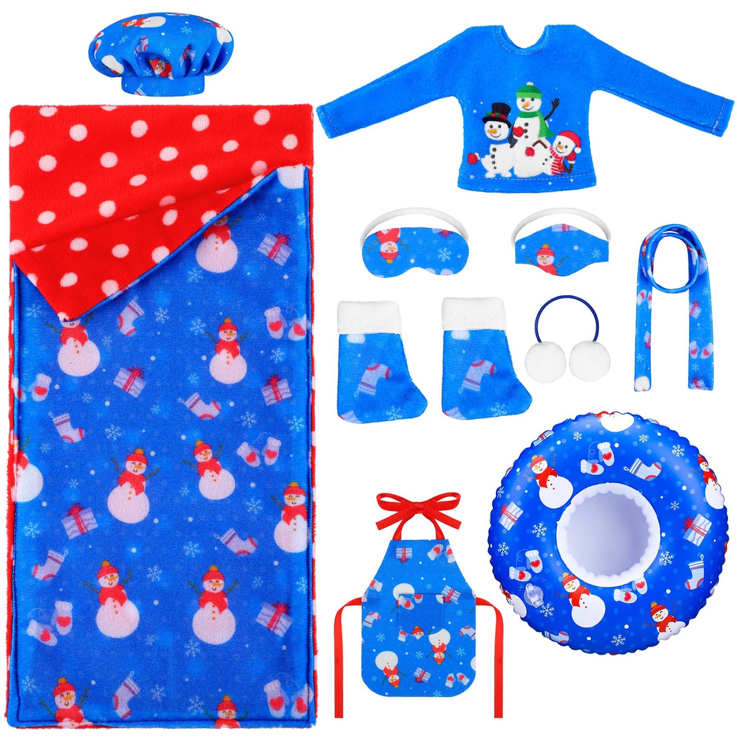11 Pcs Christmas Elf Accessories Include Blue Elf Doll Sleeping Bag Apron Chef Hat Ear Muffs Scarf Hoodie Eye Mask Socks Mask Wi