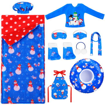 11 Pcs Christmas Elf Accessories Include Blue Elf Doll Sleeping Bag Apron Chef Hat Ear Muffs Scarf Hoodie Eye Mask Socks Mask Wi