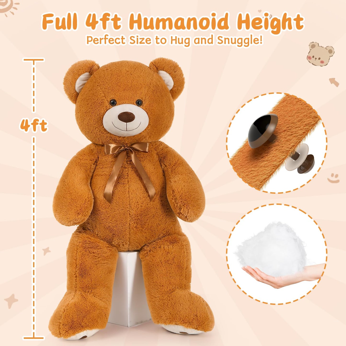Morismos Giant Teddy Bear Stuffed Animal 4Ft, Big Teddy Bear Plush For Baby Shower, Life Size Stuffed Bear Gifts For Kids, Girls, Girlfriend, Women On Valentine, Christmas, Birthday(Brown)