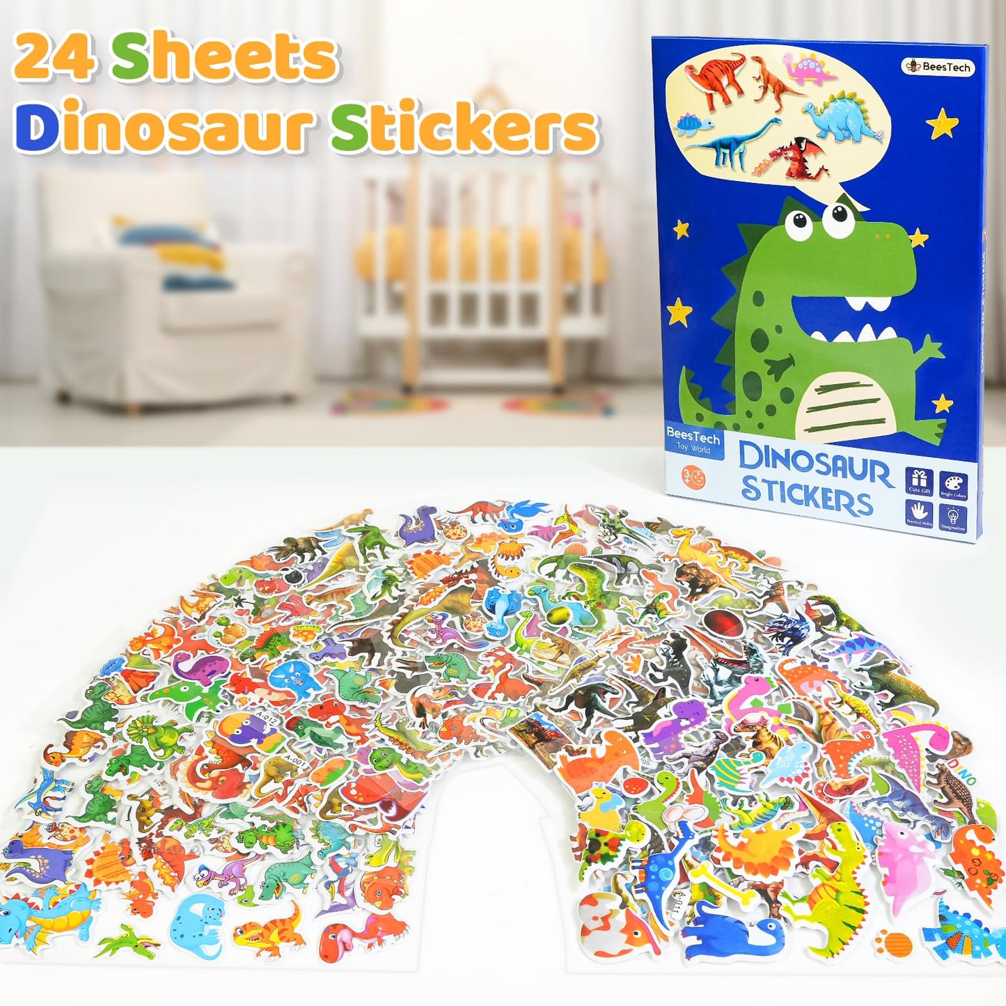 BEESTECH 24 Sheets Dinosaur Stickers 450+ for Kids Boys Girls Toddlers, Teacher Reward Stickers, Potty Chart Training, Dinosaur