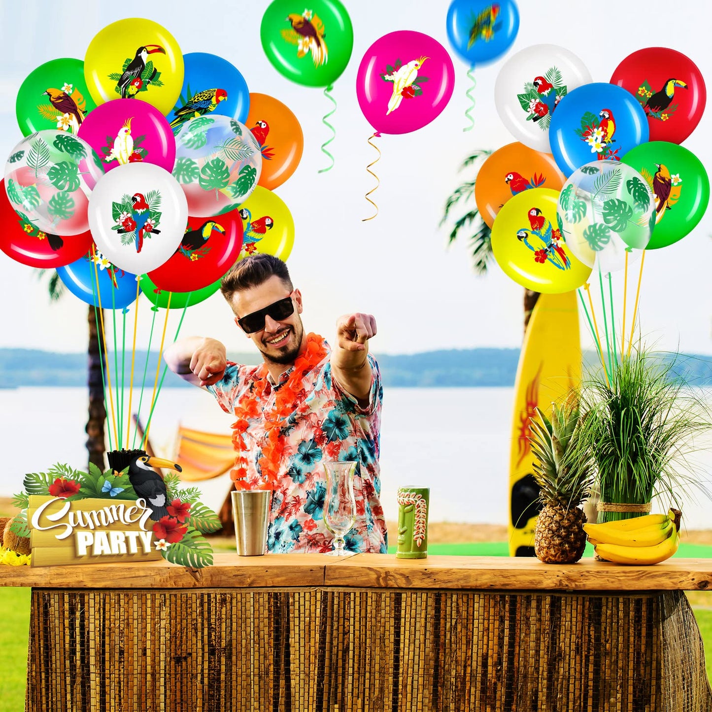 Zhanmai 50 Pcs Hawaiian Party Balloon Decorations, Aloha Tropical Luau Latex Balloons For Hawaiian Luau Party Summer Beach Birthday Tiki Bar Wedding Supplies (Cute Birds)