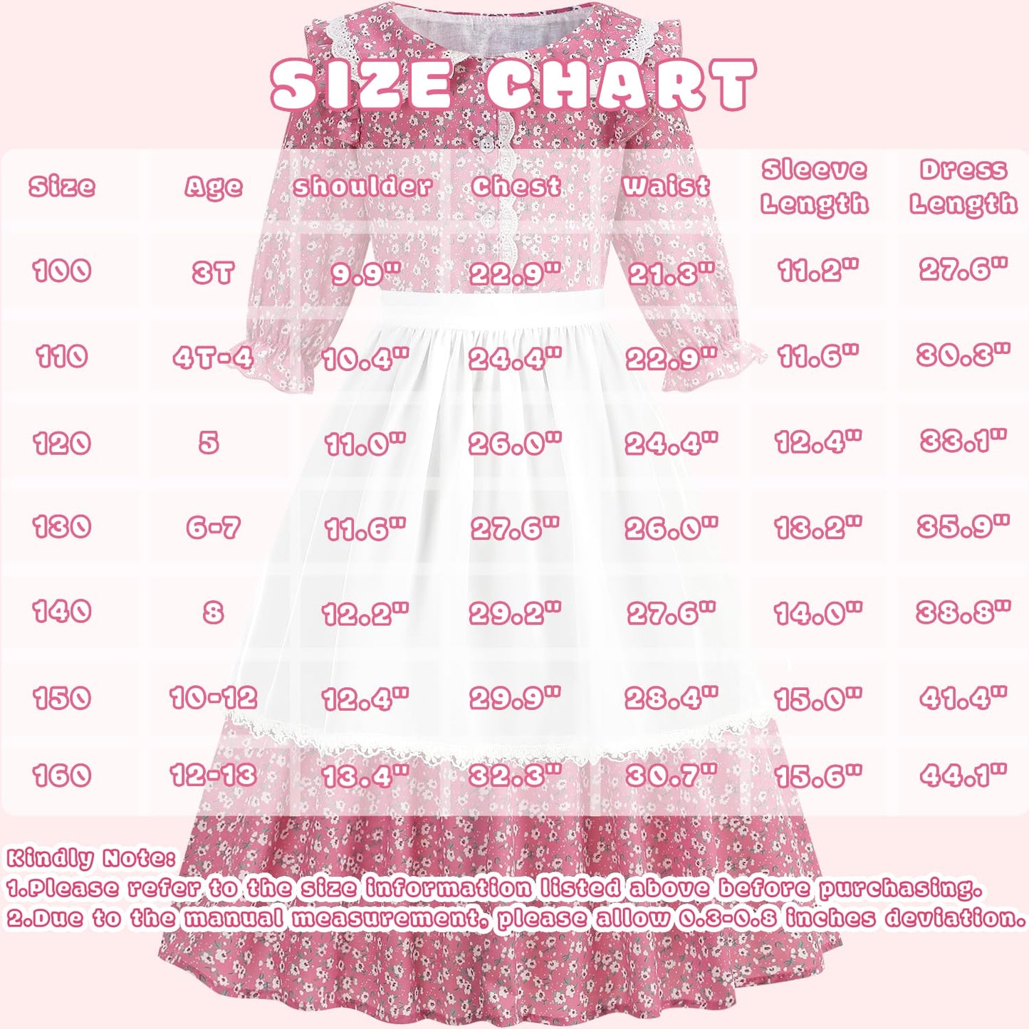 Aoiviss Girls Pioneer Costume Floral Colonial Prairie Dress for Little Kids with Apron and Bonnet, Pink