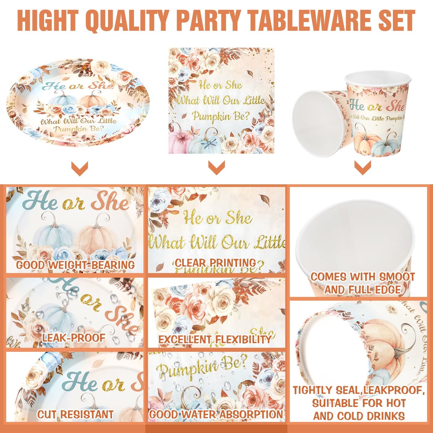 Hushee 200 Pcs Pumpkin Gender Reveal Baby Shower Paper Plates Napkins Cups Baby Shower Party Supplies Tableware Set Disposable C