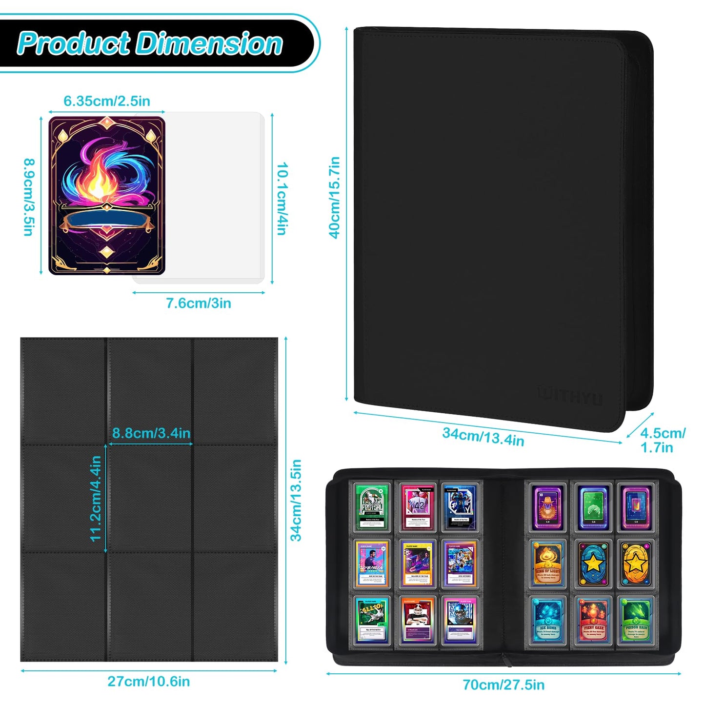 WITHYU Top Loader Binder 9 Pocket for 3x4 Rigid Cards  360 Pockets Collectible Card Album with 20 Toploaders  Trading Card Binder for TCG  MTG  Sports Cards (Aqua Blue)