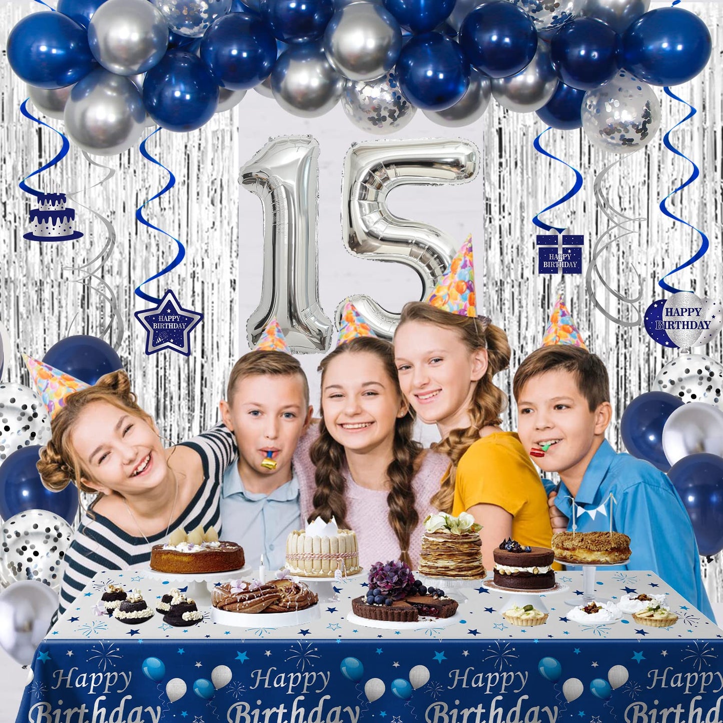 15Th Birthday Decorations For Boys And Girls Blue Silver, Happy 15Th Birthday Decorations Banner Birthday Balloons Number 15 Tab
