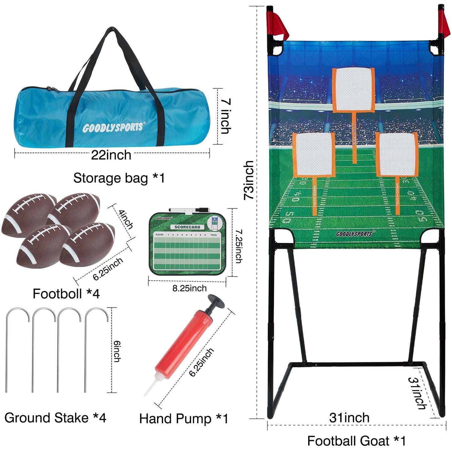 GOODLYSPORTS Football Toss Game - 66" Target with 4 Inflatable Balls, PVC, Green/Blue/Black, Model 8004, Perfect for Kids & Adults