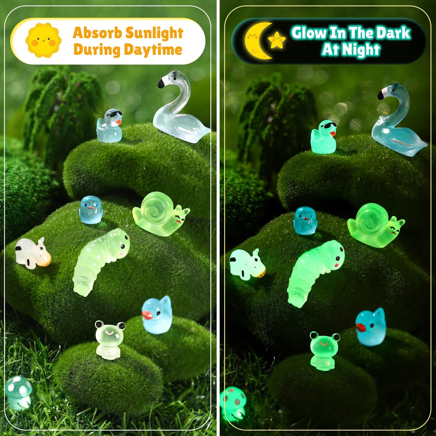 Seenelling 240 Pcs Mini Resin Animals Miniature Luminous Animals Ducks Mushrooms Owls Flamingos Tiny Glow in The Dark Figures fo