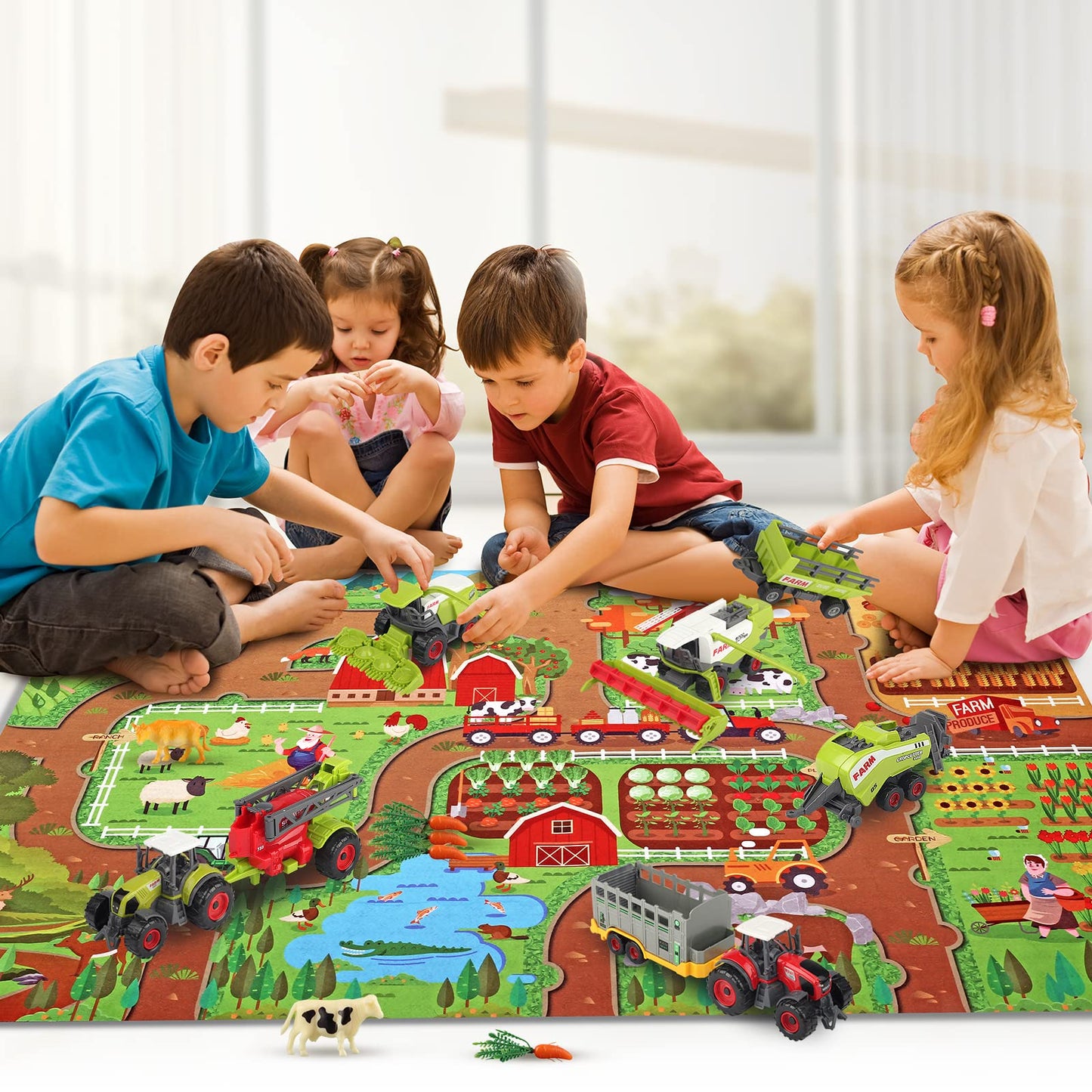 Oriate Farm Tractor Set, 34-Piece Die Cast Vehicle Playset, Large 4.8" Toys with Farm Mat, Metal, Model SQ80204