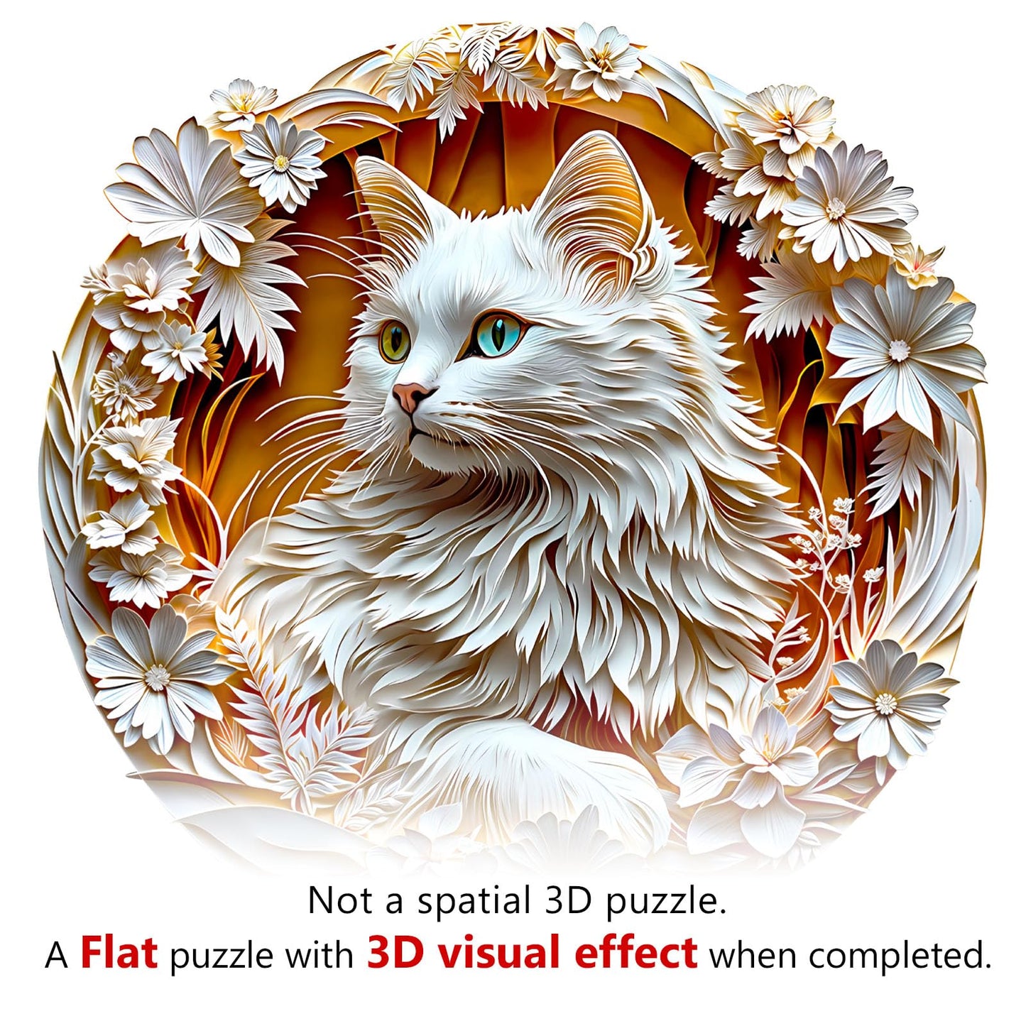 Wooden Puzzle for mature-themeds-3D Visual Effect White Cat Wooden Puzzle Unique Shape Advanced Wooden Jigsaw Puzzle for mature-themed  Best Birthday Gifts Halloween Challenge Craft (L-13.4 * 13.3in-300pcs)