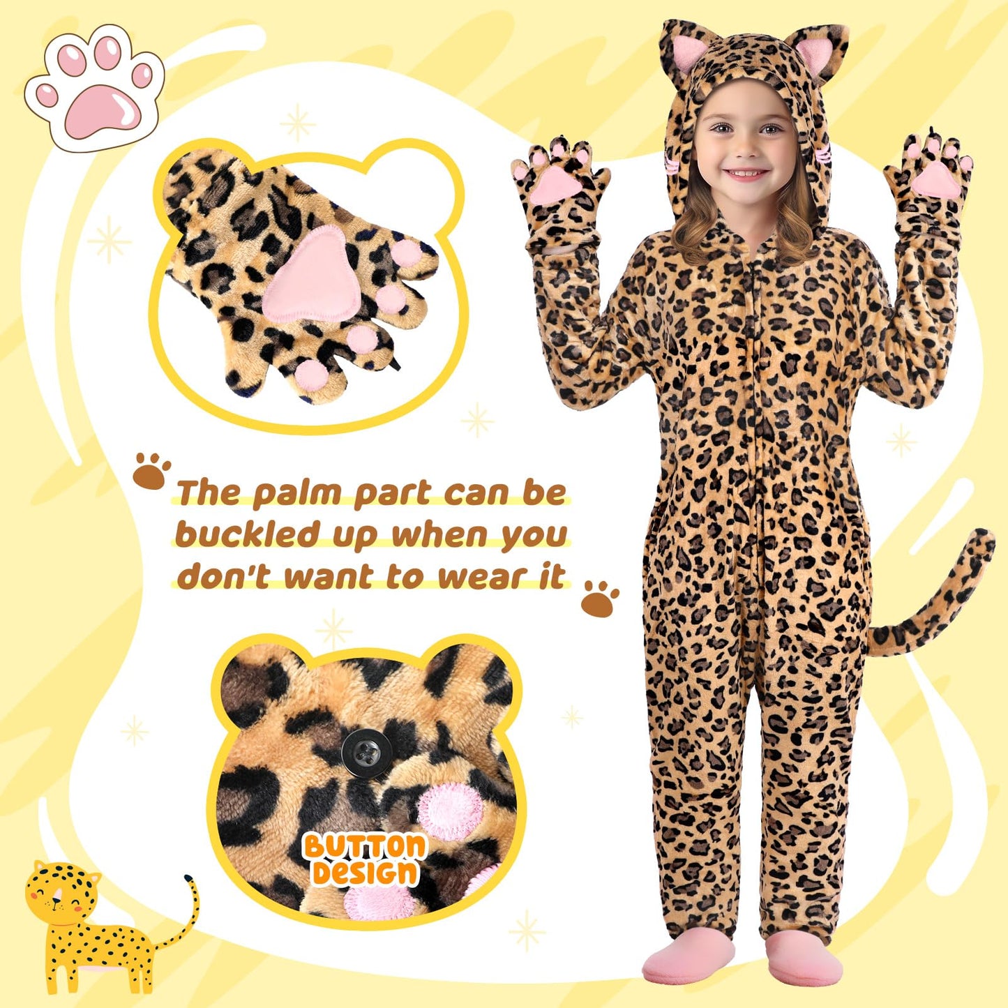 Giftinbox Cheetah Costume Kids, Zip-Up Hooded Onesie Cheetah Girls Costume, Cat Costume For Girls Dress Up, Halloween Animal Costumes For Kids 5 6 7 8 9 10