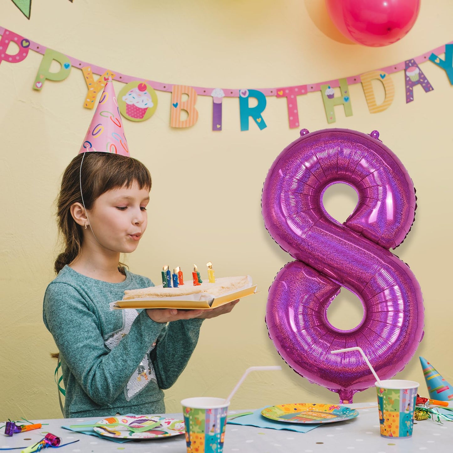 8Th Birthday Balloons For Girls, Big Laser Hot Pink Foil Number 8 Balloon Anniversary Party Decor, Mylar Self Inflating Helium 4