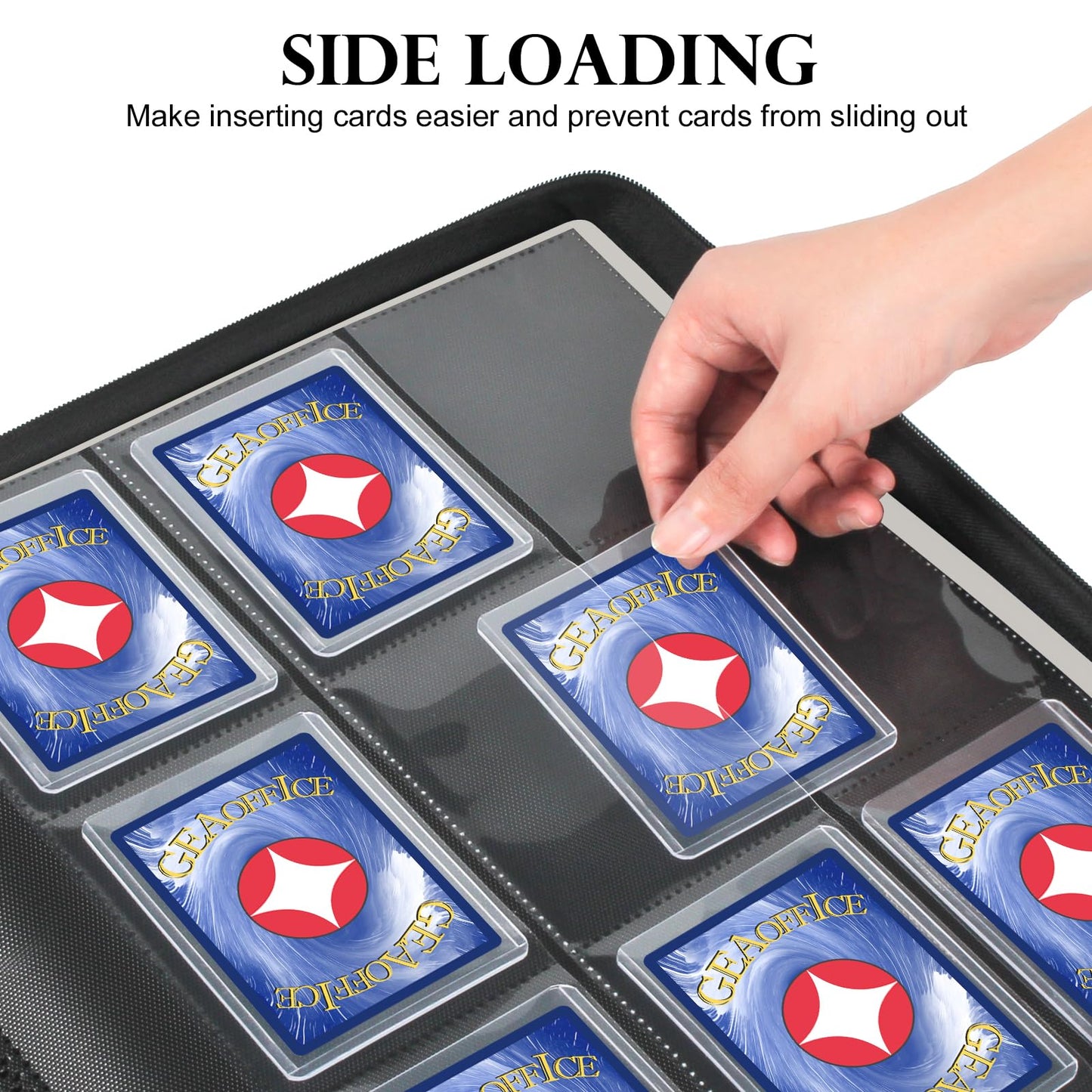 GEAoffice 9 Pockets Top Loader Binder for 324 Cards  enhanced PU Leather Side Loading Trading Card Binder for Toploader  Ringless Card Collection Album Holder for 3?4 Rigid  Black