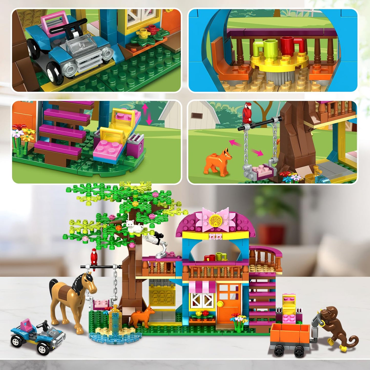 Hogokids Tree House Building Sets With Led Light - Jungle Treehouse Building Toy With Car Horse Animals Swing Playset 433Pcs Forest House Building Kit Birthday Gift For Kids Girls Boys Age 6-12 Years