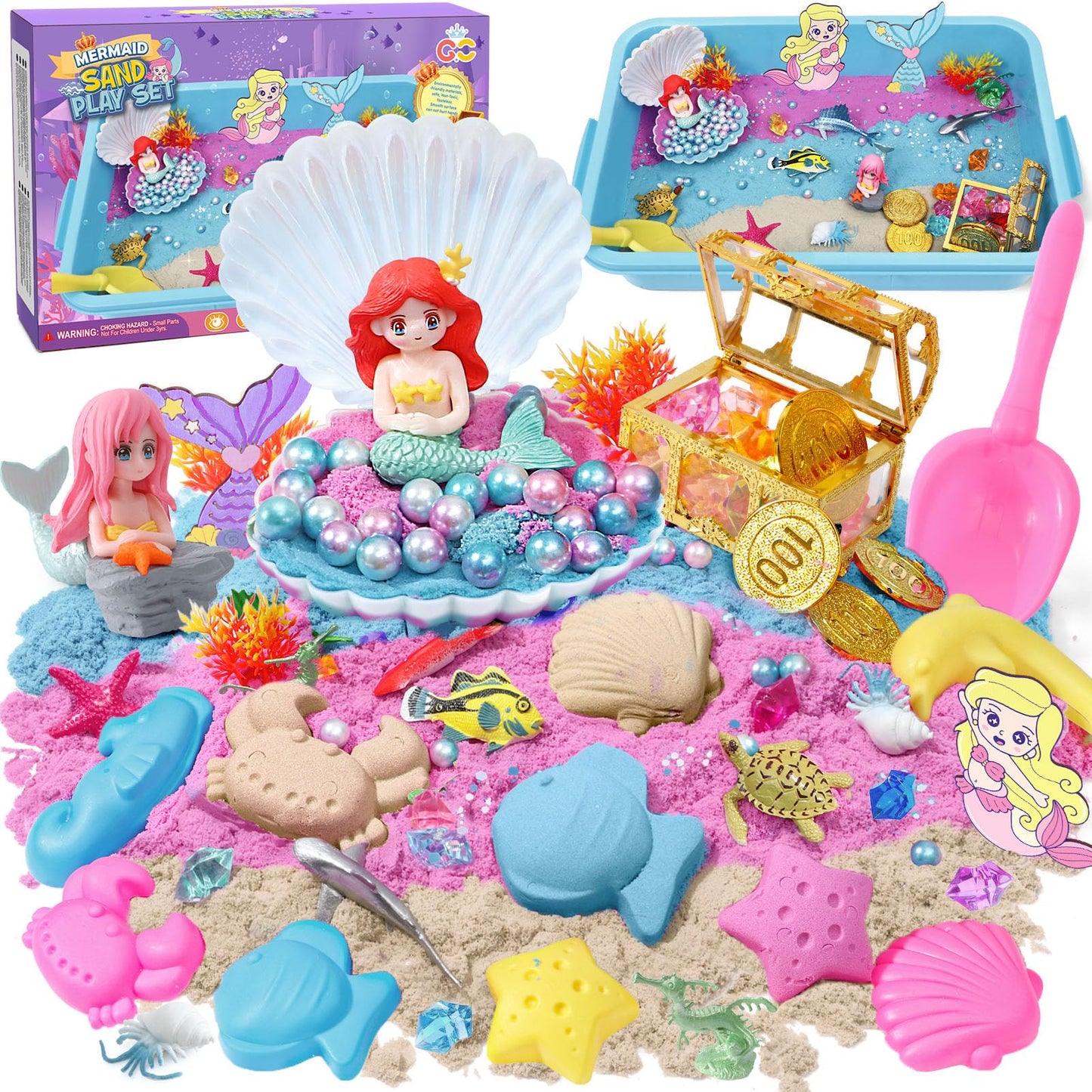 G.C Mermaid Sensory Bin for Girl Kid Toy, 103pcs Play Sand Art Kit with Sandbox/2lb Color Sand/6 Molds/Treasure Box/Shell, Ocean