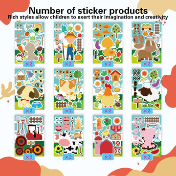 24 Sheets Make-A-Face Sticker, Farm Animal Stickers Sheets Make Your Own Stickers For Kids Farm Themed Birthday Party Favors Sup