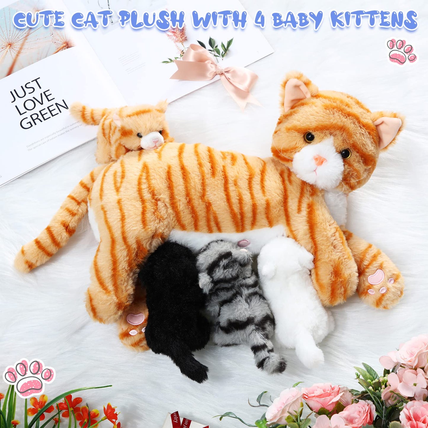 Skylety Cat Stuffed Animal Set with 4 Plush Kittens, Pink Plush Mommy Kitty, Perfect for Birthday Party Favors and Gifts, 5 Piece Assortment