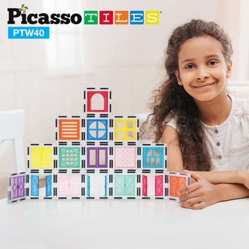 PicassoTiles 40pcs Magnetic Tile Clip-in Window and Door Expansion Set, Magnetic Block Add-ons, Magnet Building Construction Toy