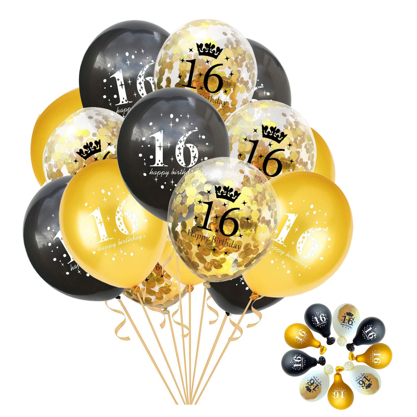 Jonhamwelbor Sweet 16Th Birthday Balloons Gold And Black Party Decorations 15 Pack 12 Inch Latex And Confetti Balloon Printed Wi
