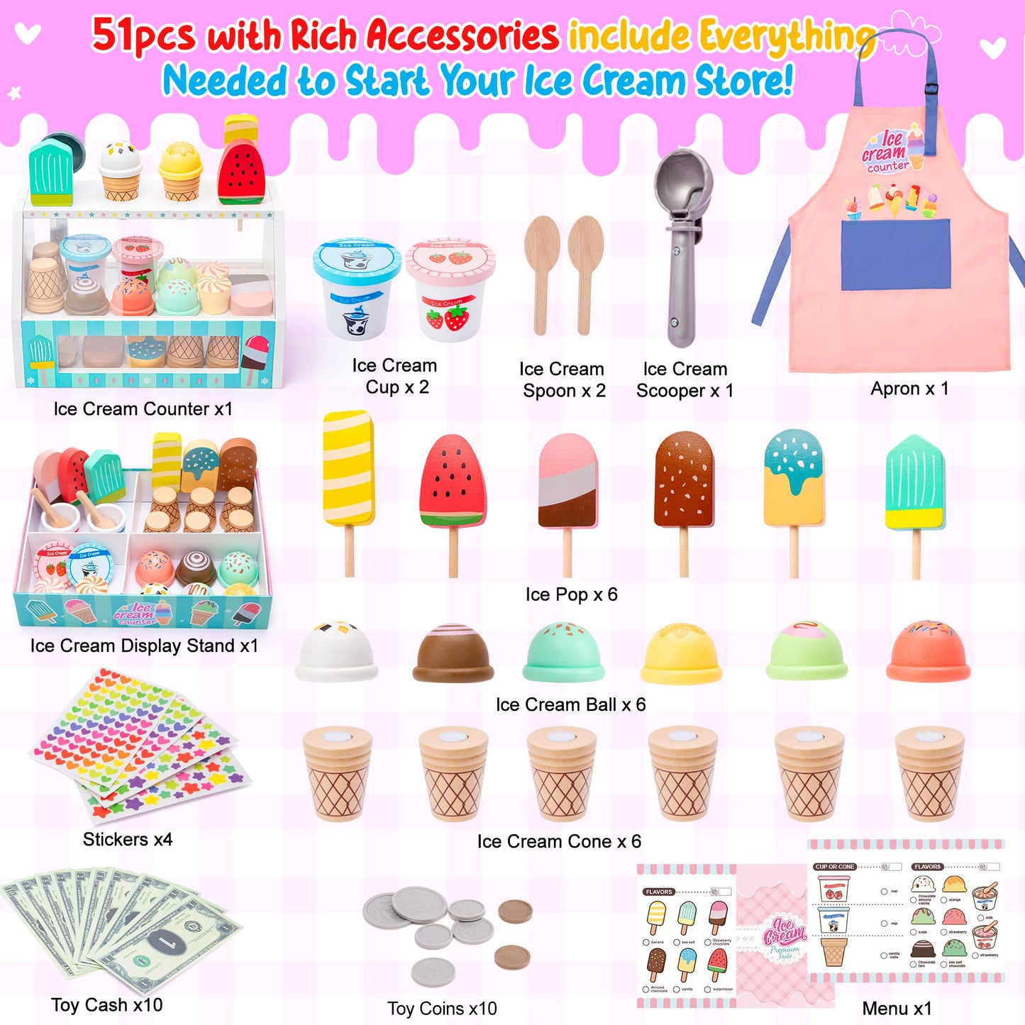 Meland Ice Cream Toy - Wooden Ice Cream Play Set With Aprons, Kids Toys For Toddlers Pretend Play, Toys For Girls Boys 3 4 5 6 7