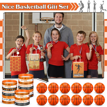 ShinyRelief 72 Pcs Basketball Party Favors Set,24 Basketball Paper Bags 24 Basketball Silicone Wristbands 24 Basketball Stress B