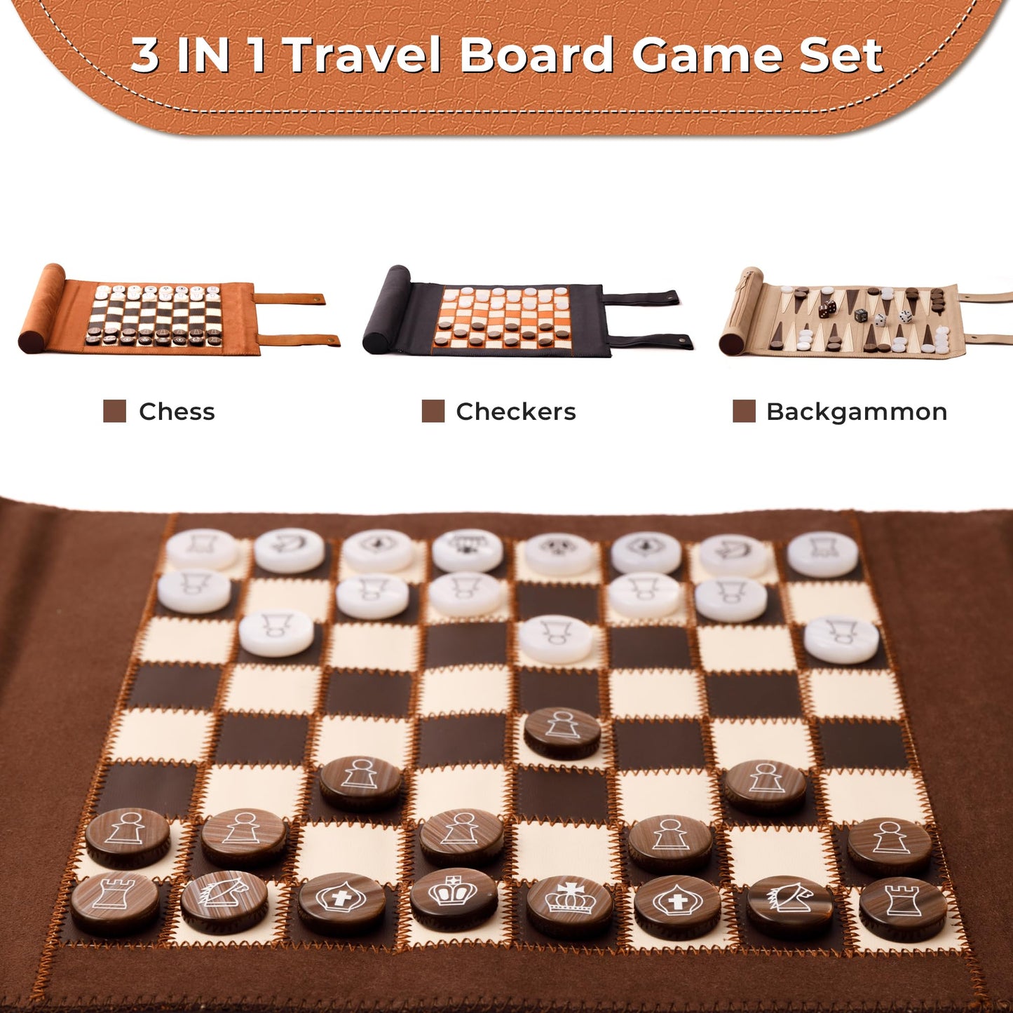 Woodronic 3 in 1 Travel Chess Checkers Backgn Set  Roll-up Leather Backgn Game Set with 32 Pearl Textured Pieces and 5 Dices  Portable Travel Strategy Board Game Set for mature-themed  Navy Blue